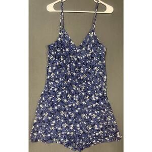Loft Womens Medium Romper Blue Floral Pockets Elastic Waist Adjustable Straps